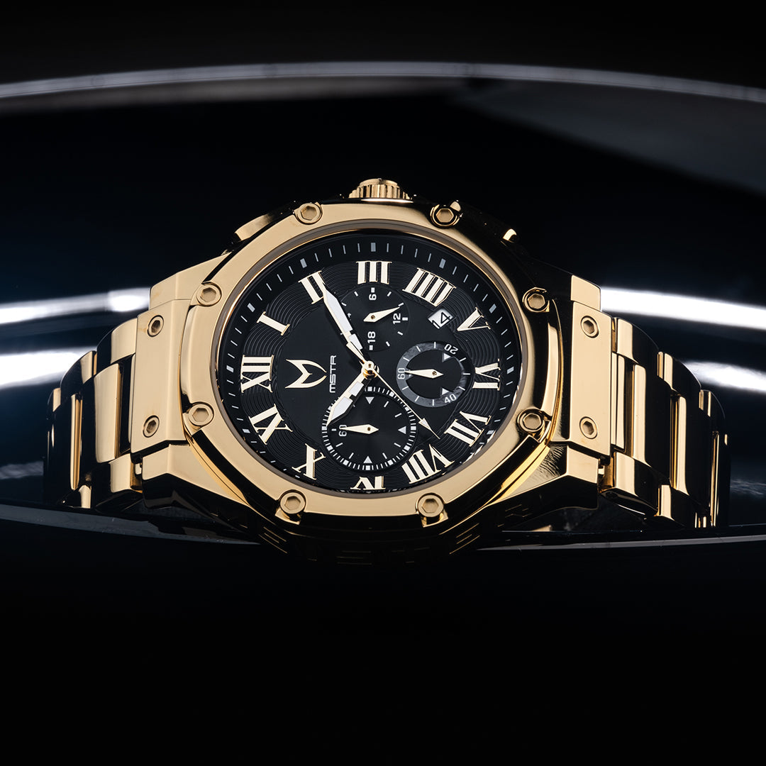 AM1001SS - AMBASSADOR POLISHED 18K GOLD / BLACK / SS BAND